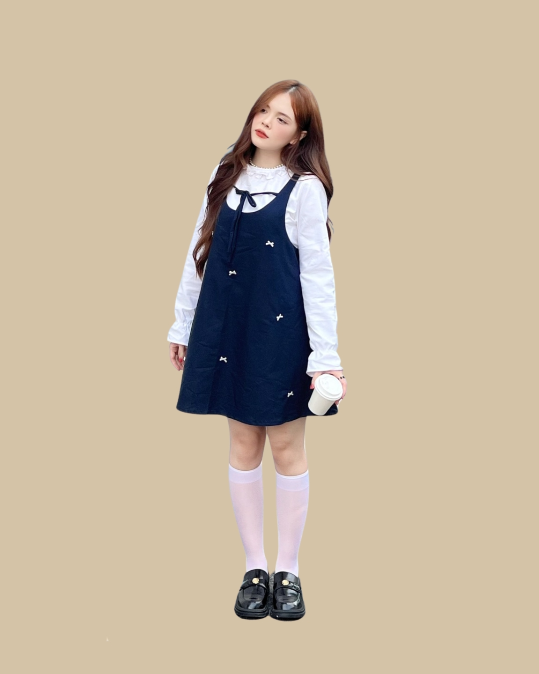  Set babydoll xanh tay dài phối nơ 